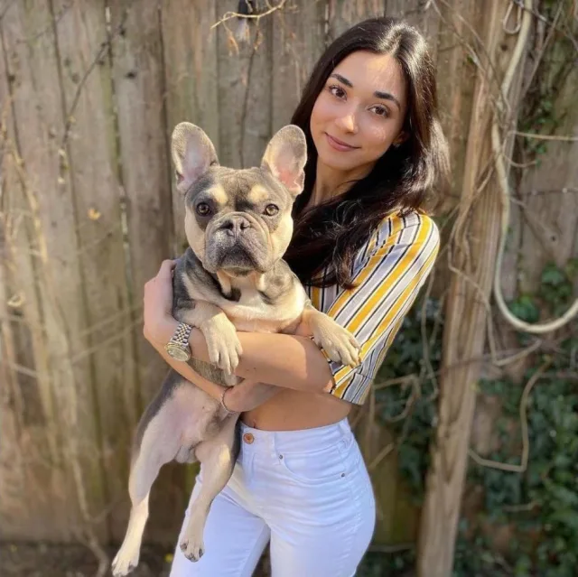 Smiling woman in a striped top holding a grey-and-tan Frenchie in front of a wooden fence